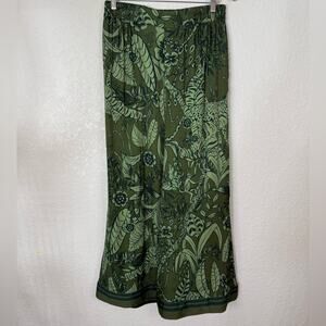 FARM Rio X Anthropologie Green Satin Botanical & Cheetah Print Wide Leg Pants Sm